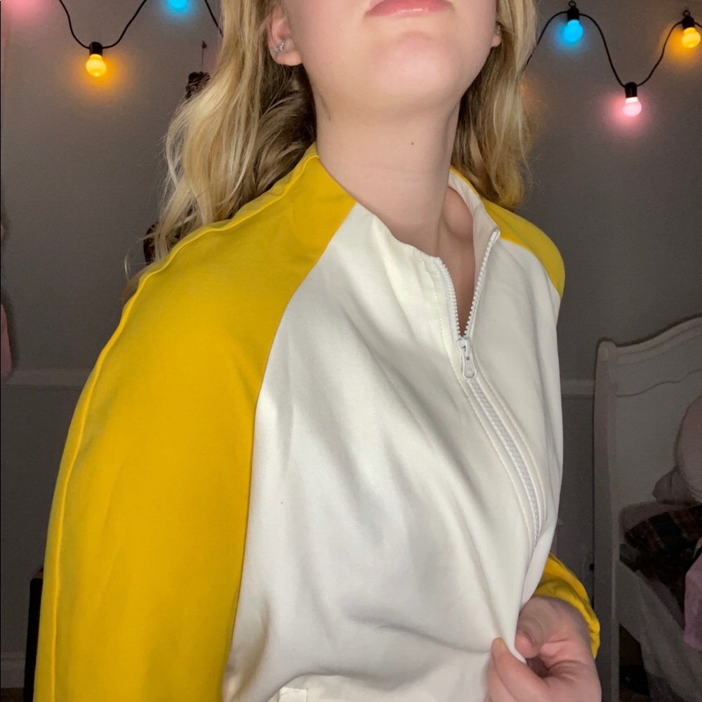 Yellow and White zip up bomber jacket